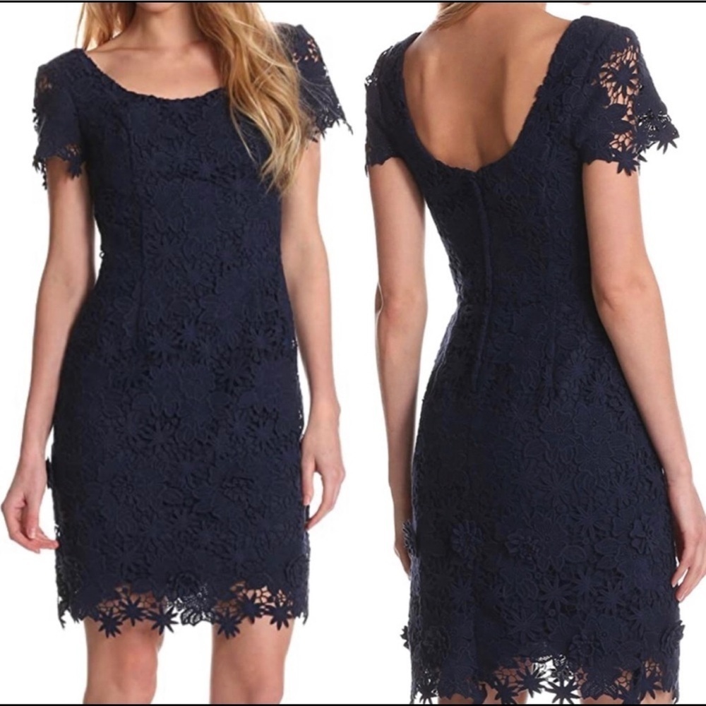 Nwt Lilly Pulitzer Marta Dress Navy Blue Lace Crochet Floral Sheath